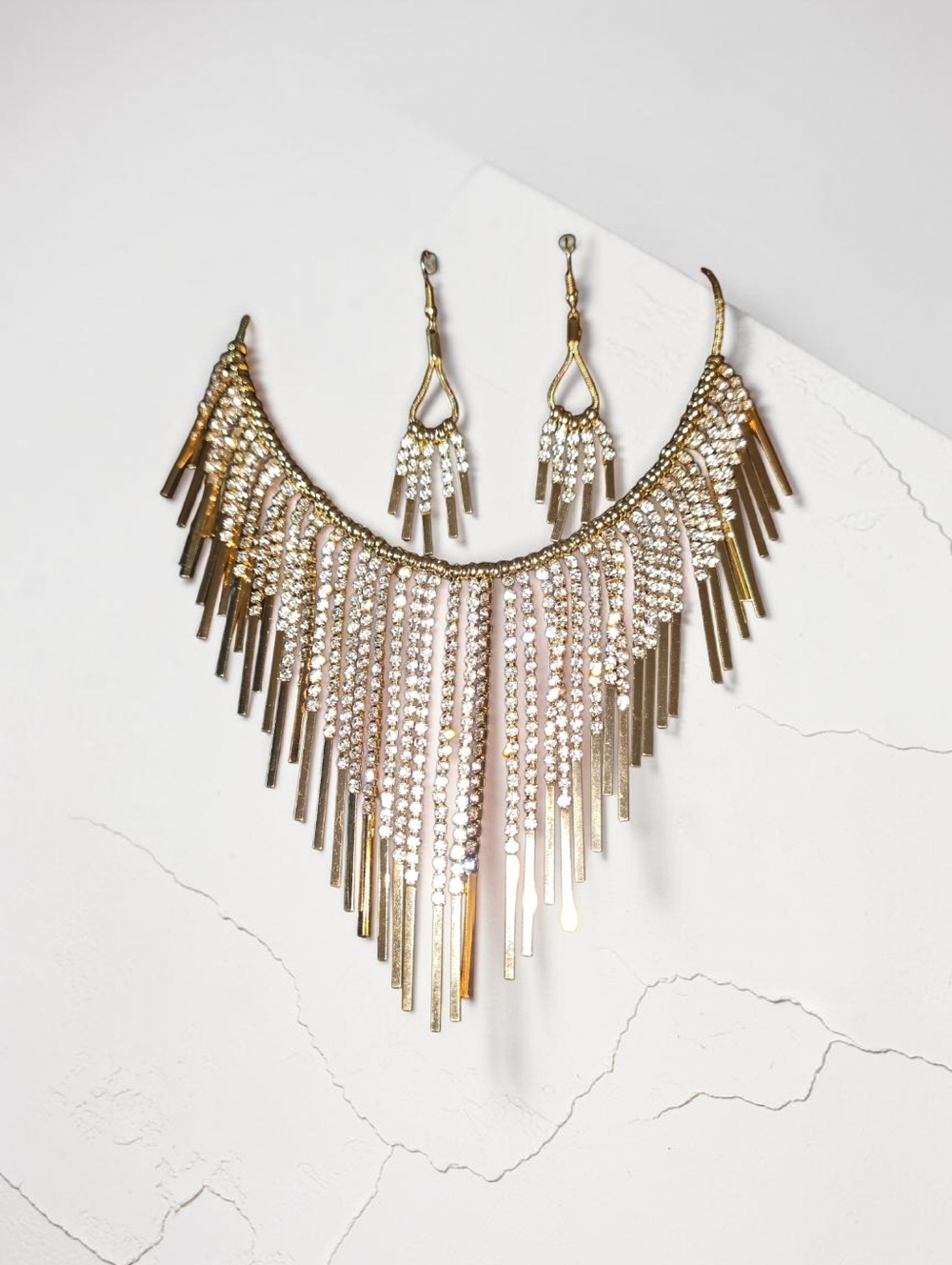 Nwt Sassified Boutique Gold Fringe Crystal Statement Necklace & Earring Set